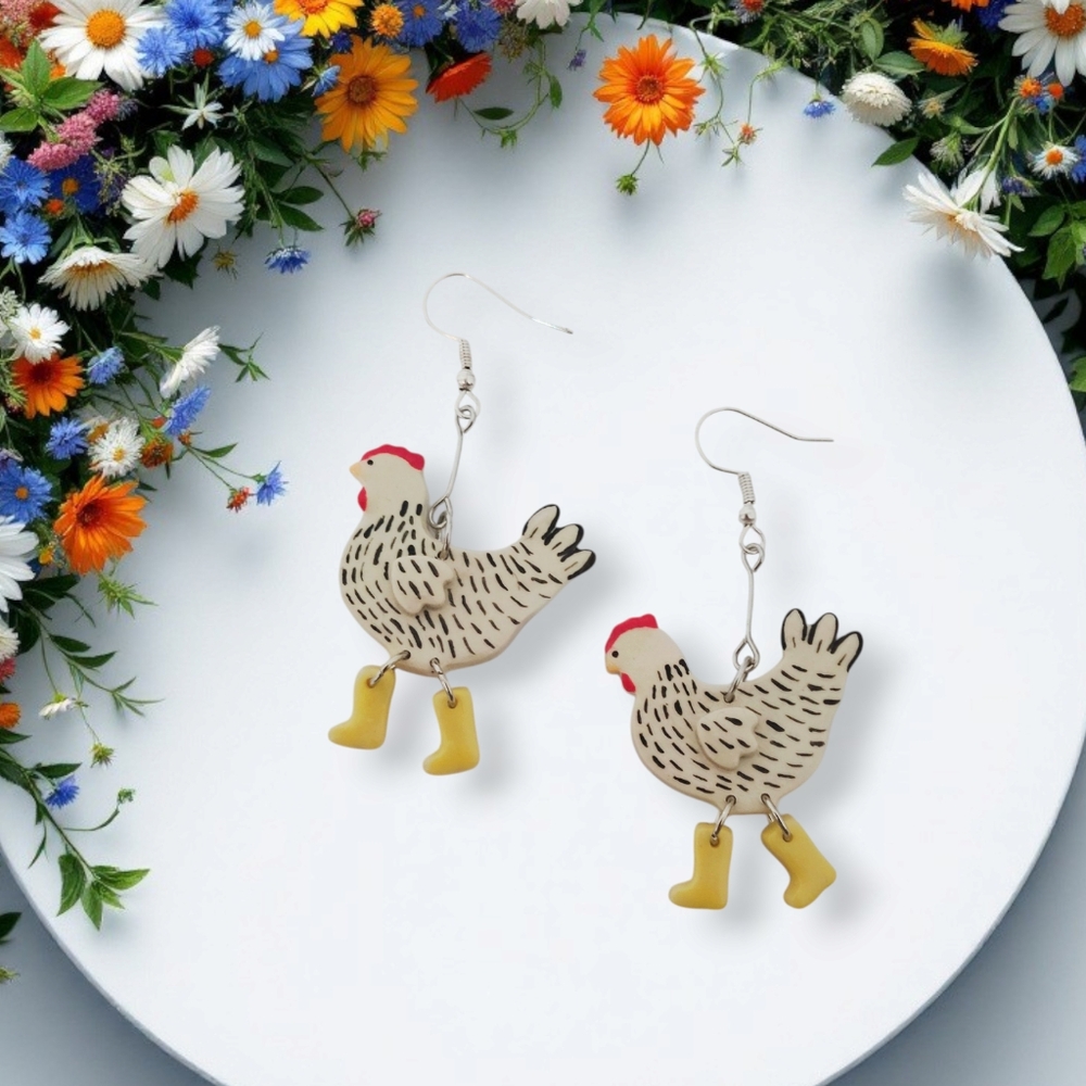 Quirky Chicken Earrings with Yellow Rain Boots